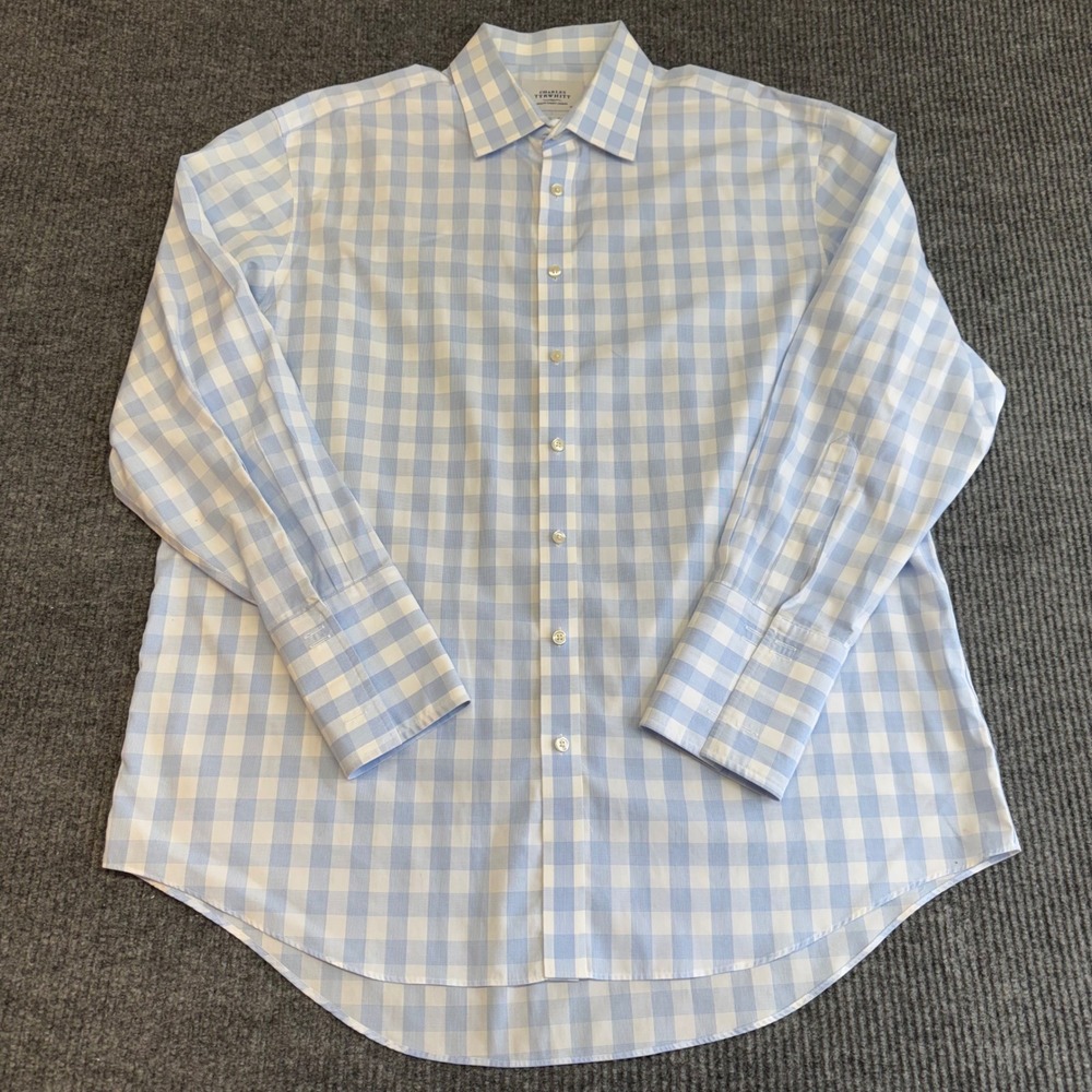Charles Tyrwhitt Blue White Check Dress‎ Shirt 18 35 Non Iron Cotton French Cuff